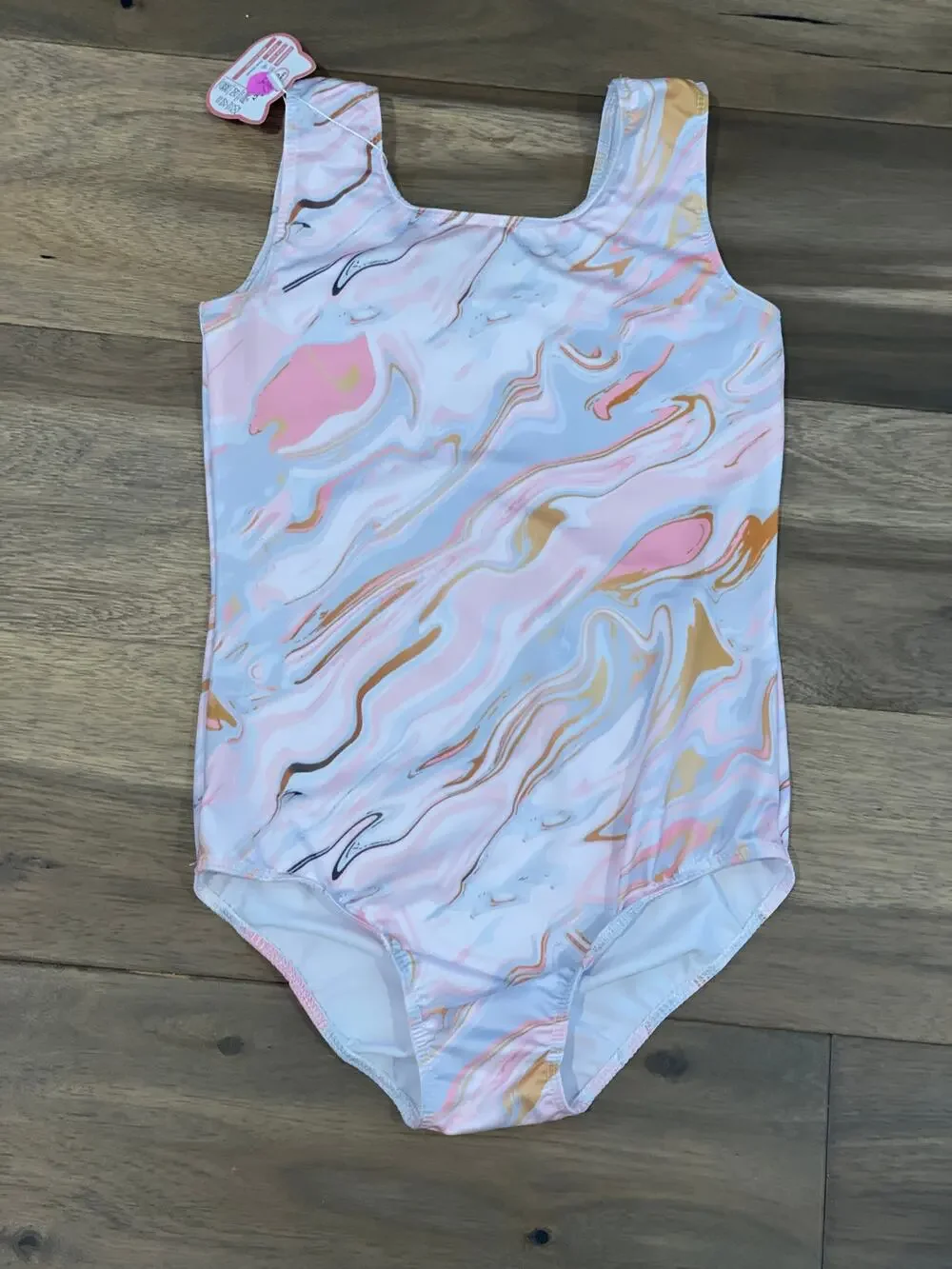 Girls Pink Blue & Gold Swirl One‑Piece Swimsuit Size M (7/8) NWT